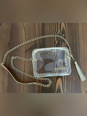 Lilly Pulitzer Clear Gold Trim Crossbody Stadium Game Day Bag Purse 8”x6”x3”